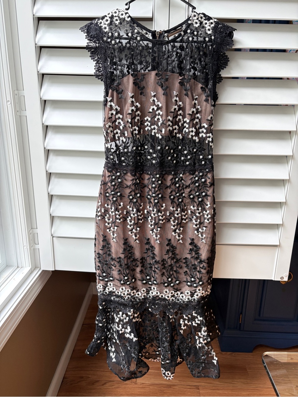 Bronx and Banco Black and Taupe Lace Embroidered Midi Dress